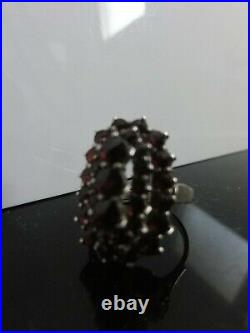 VICTORIAN FAB LARGE RING THREE LAYERS BOHEMIAN GARNET GOLD ON SILVER 900 Signed