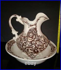 VTG Antique Signed Wash Basin 13 Bowl / 11 Pitcher Creamy White Brown Relief