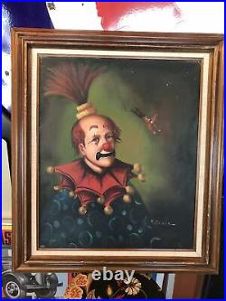 VTG Original Oil F. Dressen Clown Painting, Oddity Scary 30.5 X 27.5 Large