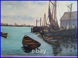VTG Original Oil Painting Large nautical Boats Dock Coastal Landscape Art Signed
