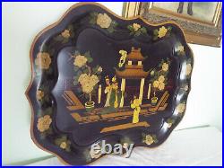 Very Large Antique 1900s Hand-Painted Oriental Chinese Toleware Tray, Signed