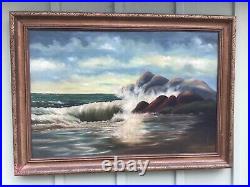 Very Large Antique Frame & Rocky Shore Line Oil Painting Signed