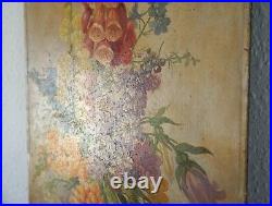 Vintage 1920s-30s Large Still Life Oil Painting On Wooden Panel, Flowers In Vase