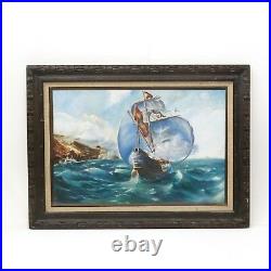 Vintage 1970 Signed Large Clipper Pirate Ship Oil Painting Carved Wood Frame