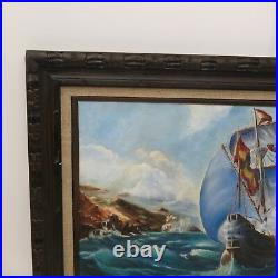 Vintage 1970 Signed Large Clipper Pirate Ship Oil Painting Carved Wood Frame