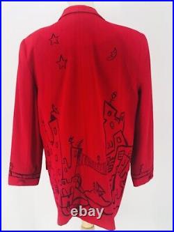Vintage 1980's Jacket Required Blazer Womens Long Red Hand Painted Signed Wool
