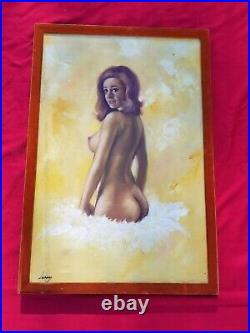 Vintage 50-60s Original Pin Up Oil Painting Nude burlesque Blonde signed Lorry