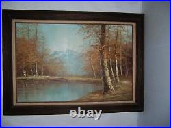 Vintage Autumn Mountain Stream Landscape Oil Painting on Canvas Signed W. Lucas