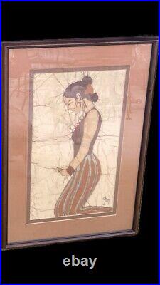 Vintage Batik Artwork With Woman On Linen 17 x 25 Framed Signed By Artist