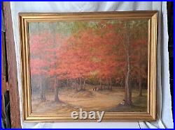 Vintage Fall Trees Foliage Figural Nature Scene Trees Oil Painting Canvas Framed