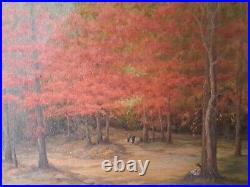 Vintage Fall Trees Foliage Figural Nature Scene Trees Oil Painting Canvas Framed