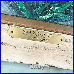 Vintage Flower Painting Marigolds Floral Canvas Board Signed Brass Nameplate