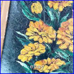 Vintage Flower Painting Marigolds Floral Canvas Board Signed Brass Nameplate