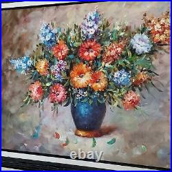 Vintage Flowers in Vase Painting Signed Kenneth 41x29 Framed Floral ART