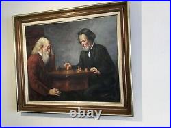 Vintage Framed Original Signed Oil Painting on Canvas Chess Players Large size