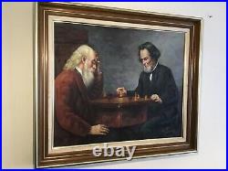 Vintage Framed Original Signed Oil Painting on Canvas Chess Players Large size