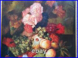 Vintage Fruit & Flowers Still Life Art LARGE Original Oil Painting in Gilt Frame