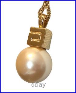 Vintage GIVENCHY Logo Necklace Pendant Large Faux 24mm Pearl Gold Tone 35 Long