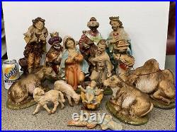 Vintage Italy Paper Mache Signed 14 Piece Figures Nativity Christmas Manger Set