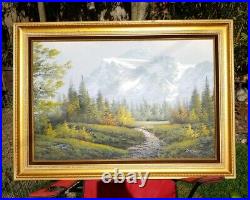 Vintage Large 43×31 Mountain Forest Landscape Oil Painting Canvas Signed Simon