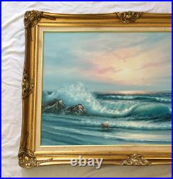 Vintage Large Artist Signed Ocean Crashing Waves Coastline Oil Painting L@@k