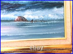 Vintage Large Artist Signed Ocean Crashing Waves Coastline Oil Painting L@@k