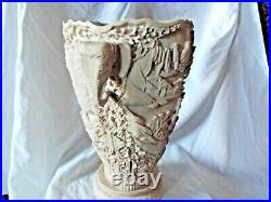 Vintage Large & Heavy Carved White Resin Chinese Vase with Elephant Handles