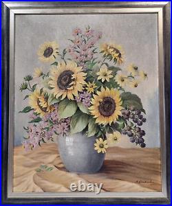Vintage Large Oil Antique Dutch painting Still Life Flower Bucket Signed 1904s