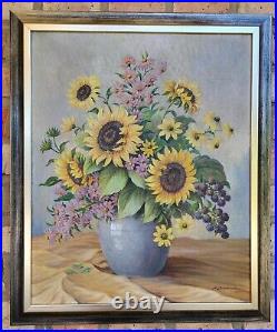 Vintage Large Oil Antique Dutch painting Still Life Flower Bucket Signed 1904s