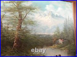 Vintage Large Oil Painting 38x50 Inches Signed By Moroni With Mountain & Cabin