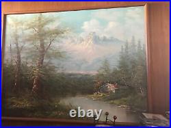 Vintage Large Oil Painting 38x50 Inches Signed By Moroni With Mountain & Cabin