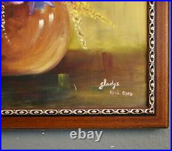 Vintage Large Oil on Canvas Still Life Painting Vase with Flowers, Framed Signed