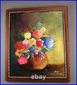 Vintage Large Oil on Canvas Still Life Painting Vase with Flowers, Framed Signed