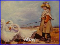 Vintage Large oil painting Girl with gooses. Signed