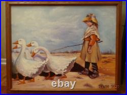 Vintage Large oil painting Girl with gooses. Signed