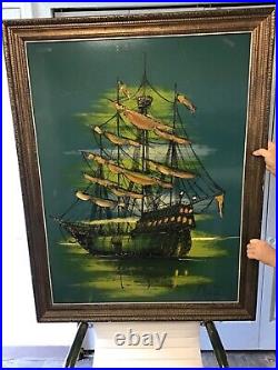 Vintage MID Century Retro Signed Fertz Oil Painting Of Barquentine Ship Sunset