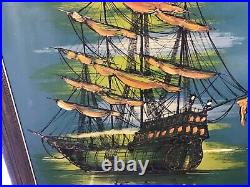 Vintage MID Century Retro Signed Fertz Oil Painting Of Barquentine Ship Sunset