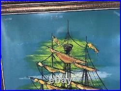 Vintage MID Century Retro Signed Fertz Oil Painting Of Barquentine Ship Sunset