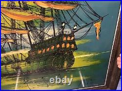 Vintage MID Century Retro Signed Fertz Oil Painting Of Barquentine Ship Sunset