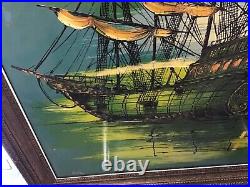 Vintage MID Century Retro Signed Fertz Oil Painting Of Barquentine Ship Sunset