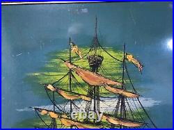 Vintage MID Century Retro Signed Fertz Oil Painting Of Barquentine Ship Sunset