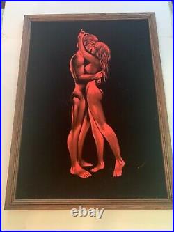 Vintage Mid Century Large Black Velvet Painting LOVERS Man and Woman Framed