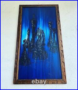 Vintage Mid Century MCM Signed 1960's Drip Art Oil On Board Chess Pieces Blue