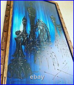 Vintage Mid Century MCM Signed 1960's Drip Art Oil On Board Chess Pieces Blue