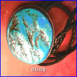 Vintage Native American Large Turquoise 2 1/4 Stone Signed Sterling Bolo Tie
