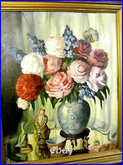 Vintage Oil Painting Still Life Large Assorted Flowers in Large Blue Vase c. 1940