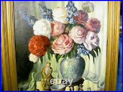 Vintage Oil Painting Still Life Large Assorted Flowers in Large Blue Vase c. 1940
