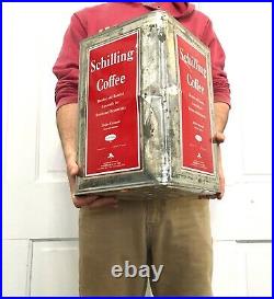 Vintage Schilling 20 LB Ground Coffee Can Large Square Sign Tin Metal Antique