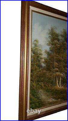 Vintage Signed scenic Oil Painting of a landscape scene. Trees, bridge and home