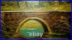 Vintage Signed scenic Oil Painting of a landscape scene. Trees, bridge and home